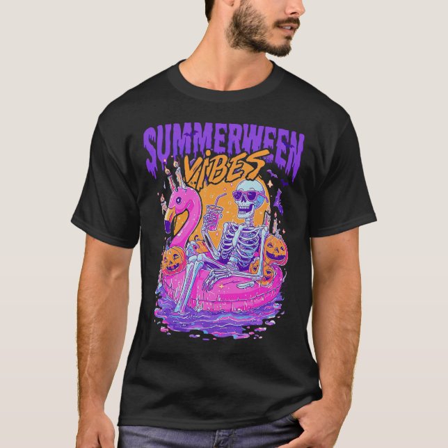 Summerween Vibes Skeleton Pumpkin Spooky Vacation T Shirt (Framsida)