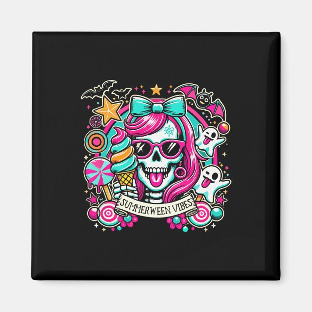 Summerween Vibes Skeleton Spooky Vacation Hallowee Magnet (Framsidan)