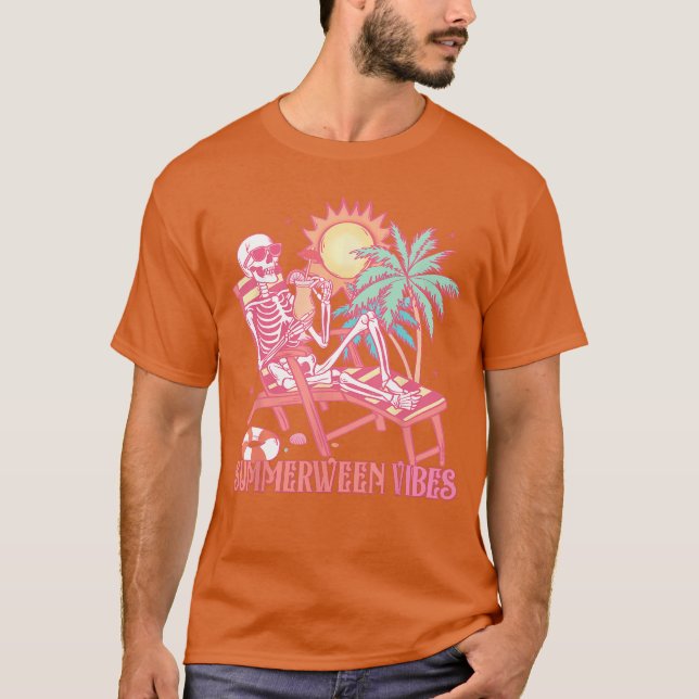 Summerween Vibes Skeleton Summer Vacation Beach Fu T Shirt (Framsida)