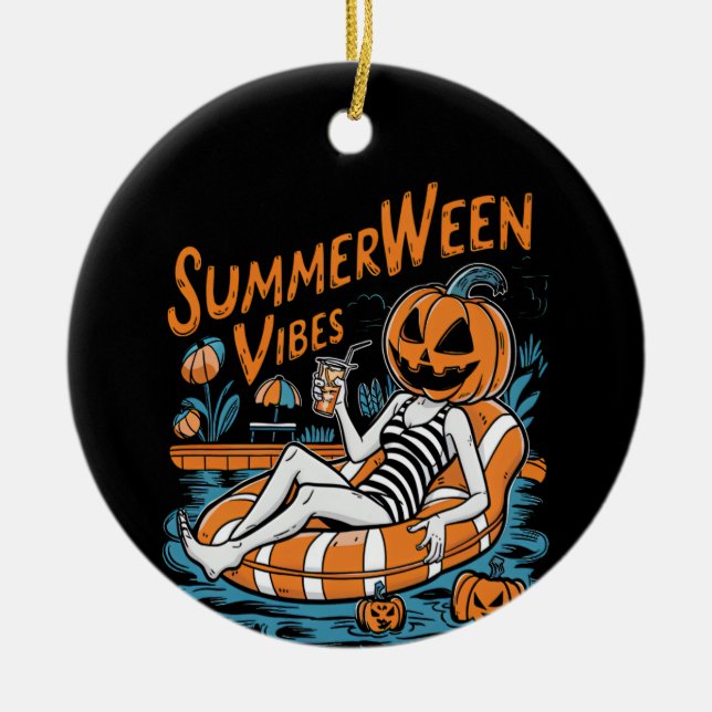 Summerween Vibes Spooky Summer Pumpkin Cute Julgransprydnad Keramik (Framsidan)