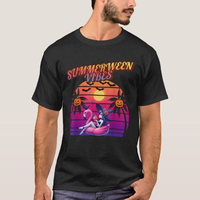 Summerween Vibes Witch Flamingo Flyter Witch Summe T Shirt (Framsida)