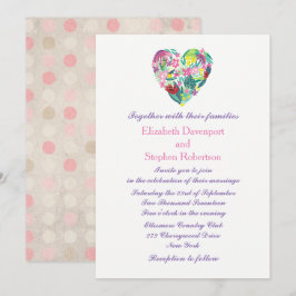 Summery Blommigt Heart i Rosa och Grönt Bröllop Inbjudningar