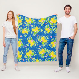 Summery Blue och Gult Lemons, Blommönster Fleecefilt