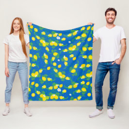 Summery Blue och Gult Lemons, Blommönster Fleecefilt