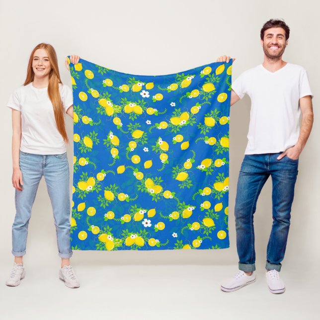 Summery Blue och Gult Lemons, Blommönster Fleecefilt (På plats)