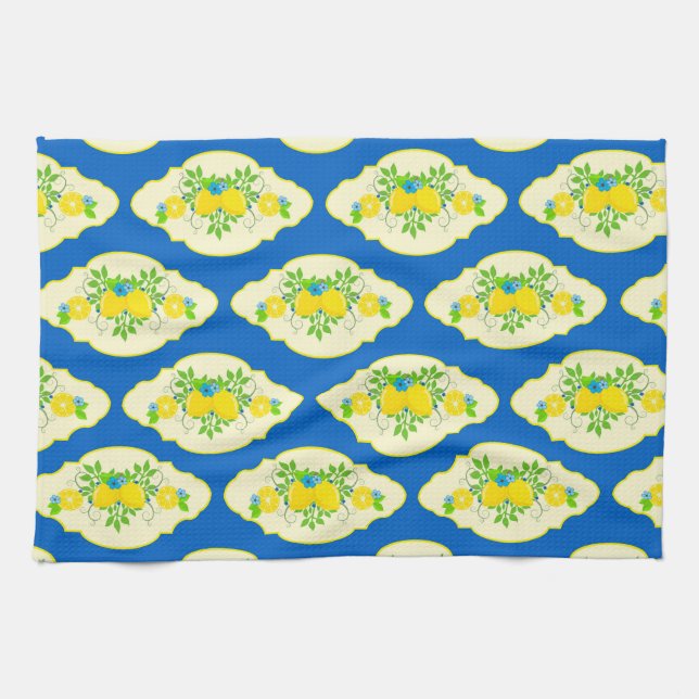Summery Blue och Gult Lemons, Blommönster Kökshandduk (Horisontell)