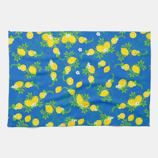 Summery Blue och Gult Lemons, Blommönster Kökshandduk (Horisontell)