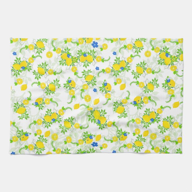 Summery Blue och Gult Lemons, Blommönster Kökshandduk (Horisontell)