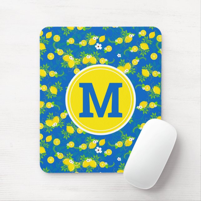 Summery Blue och Gult Lemons, Blommönster Musmatta (Med mus)