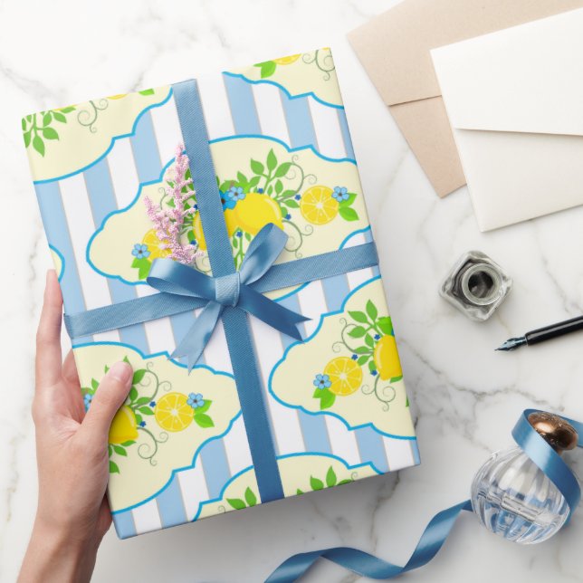 Summery Blue och Gult Lemons, Blommönster Presentpapper (Gifting)