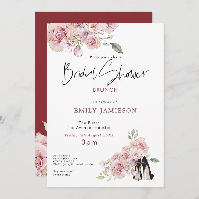 Summery Rosa Flowers Stilletto Shoes Möhippa Inbjudningar (Fram/baksida)