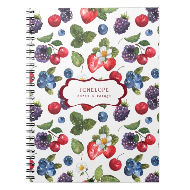 Summery Sweet Berry Mönster | Monogram bärbar dato Anteckningsbok (Framsidan)