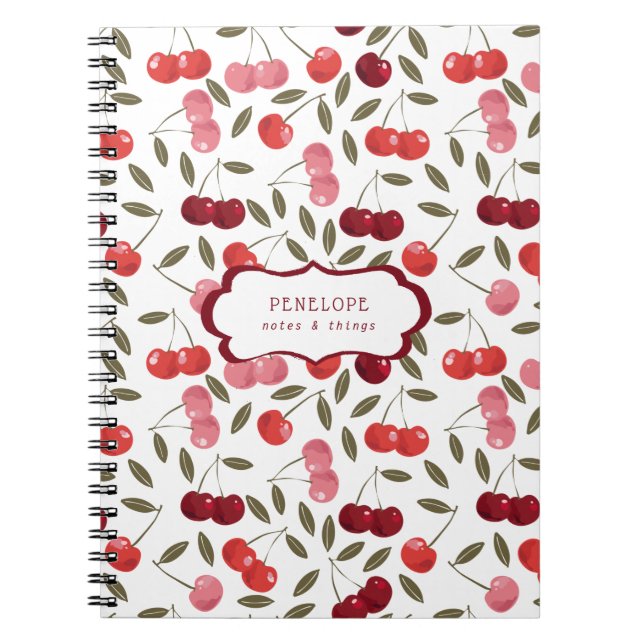 Summery Sweet Cherry Mönster | Monogram Anteckningsbok (Framsidan)