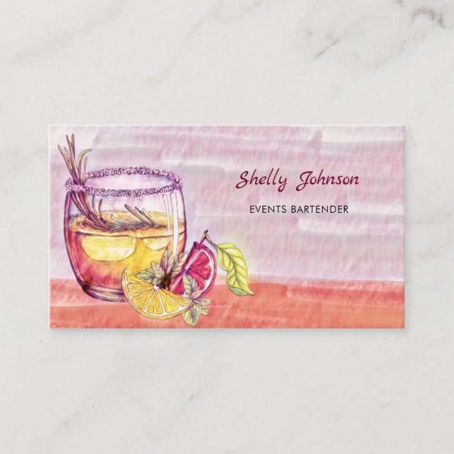 Summery Watercolor Cocktail Events Bartender Visitkort (Framsida)