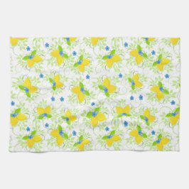 Summery White and Gult Lemons Blommönster Kökshandduk