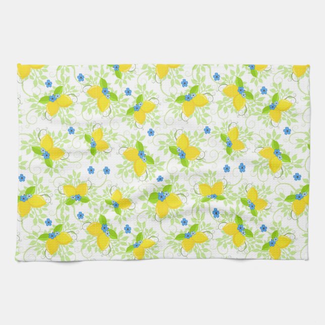 Summery White and Gult Lemons Blommönster Kökshandduk (Horisontell)