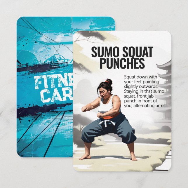 Sumo Squat Slår Fitness Card med Blue Backation Spara Datumet (Fram/baksida)