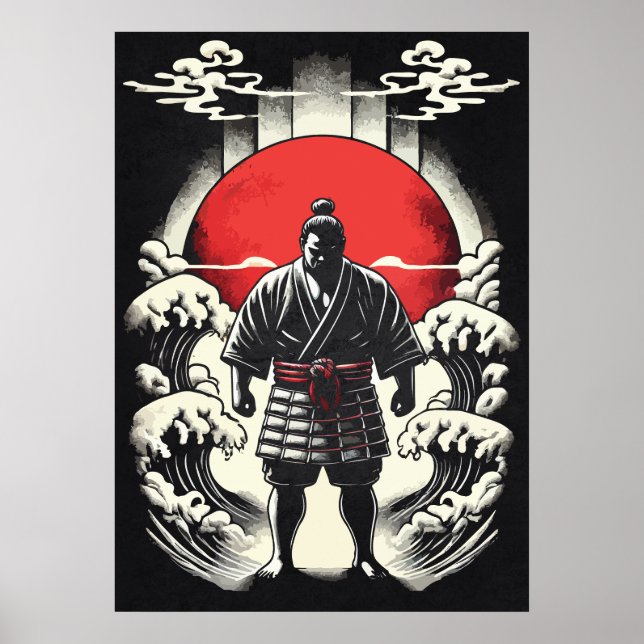 Sumo Wrestler In Red Moon, Japanese Anime Tattoo Poster (Framsidan)