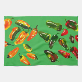 Sun-Drenched Peppers on Bright Green Kitchen Towel Kökshandduk