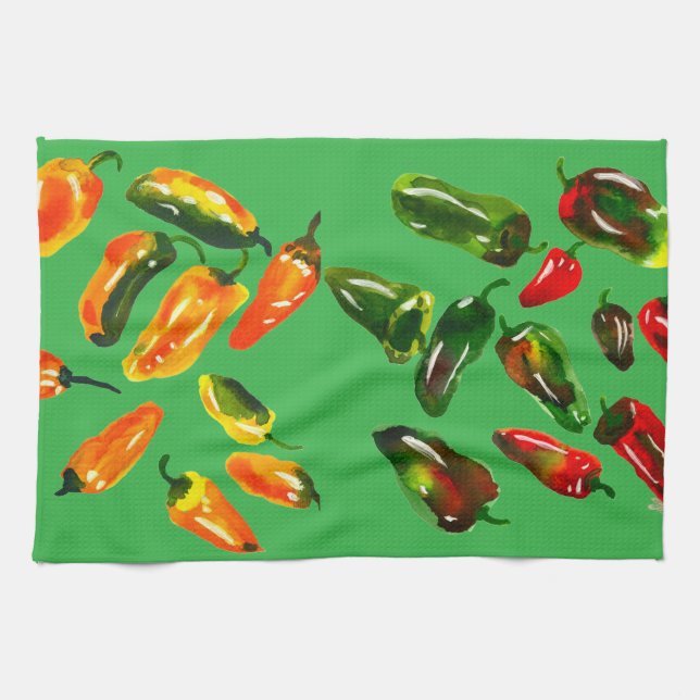 Sun-Drenched Peppers on Bright Green Kitchen Towel Kökshandduk (Horisontell)