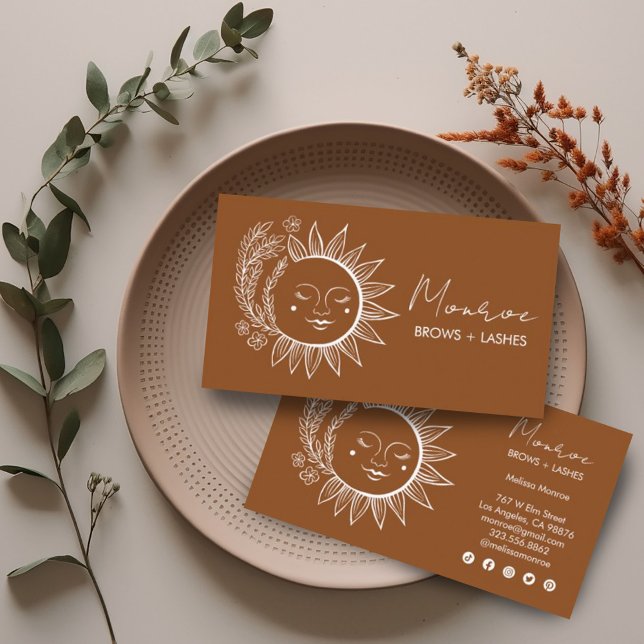 Sun Flower Boho Line Art Earthy Chic Social Icons Visitkort (Custom botanical sun artwork on these chic business cards with social media icons)