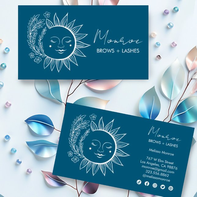 Sun Flower Boho Line Art Elegant Blue Social Icons Visitkort (Hand drawn suns with botanical elements decorate these custom business cards with social media icons)