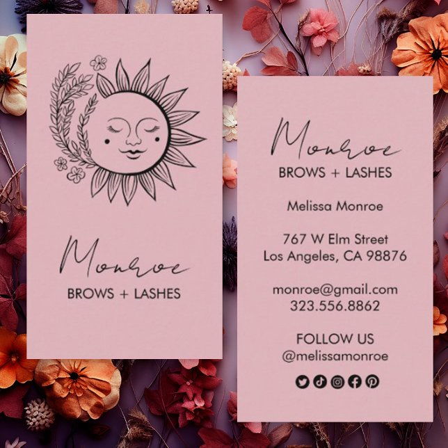Sun Flower Boho Line Art Elegant Chic Social Icon Visitkort (Custom business cards with social media icons and art of sun and flowers)