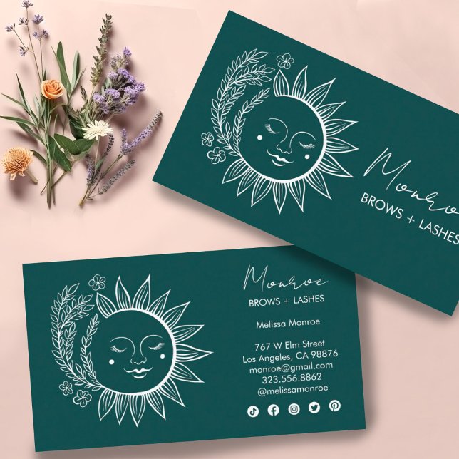 Sun Flower Boho Line Art Elegant Grönt Social Icon Visitkort (Pretty herbal sun with social media icons. Customize everything to make it shine!)