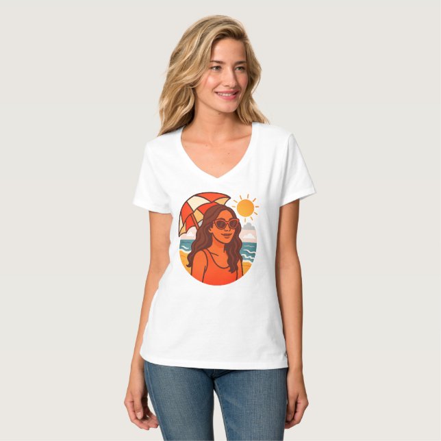 Sun‑Kissed Beach Day | Umbrella Girl Summer 2025 T T Shirt (Hel framsida)