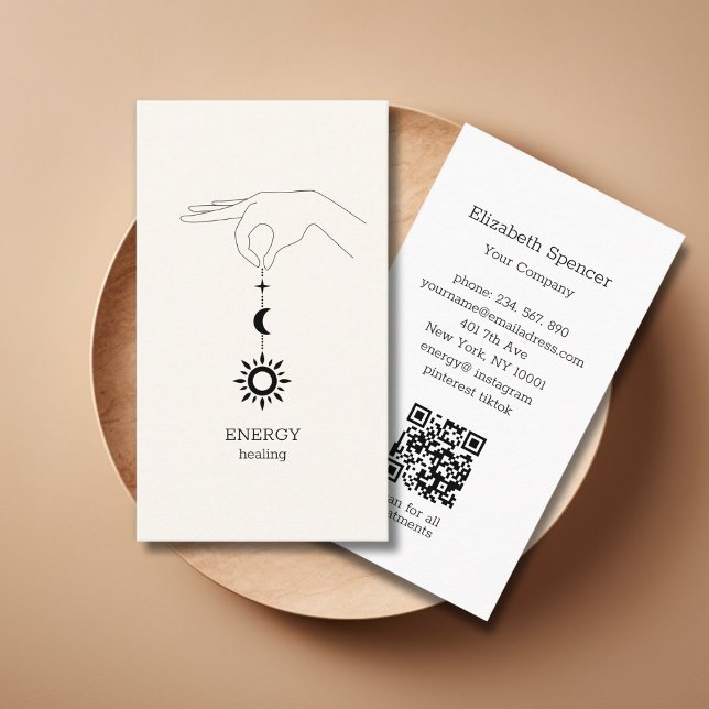 Sun Moon Beige QR-Code Business Card Visitkort (Beige Hand Sun Moon Illustration QR Code Business Card. Modern Whimsical. )