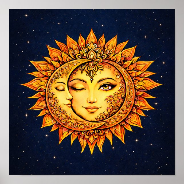 Sun Moon Boho Goddess | Celestial Face Mandala Art Poster (Framsidan)