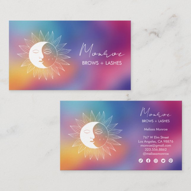Sun & Moon Boho Line Art Chic Rainbow Social Icons Visitkort (Fram/baksida)