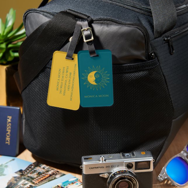 Sun & Moon Boho Line Art Elegant Gold Blue CUSTOM Bagagebricka (Fram & Baksida)