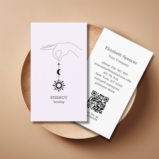 Sun Moon Light Purple QR-Code Business Card Visitkort (Light Purple Hand Sun Moon Illustration QR Code Business Card. Modern Whimsical. )