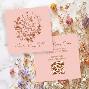 Sun Moon & Roses Magisk Boho Jordnära ANPASSAD QR  Fyrkantigt Visitkort