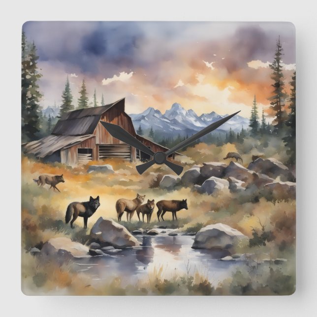 Sun set at the old barn fyrkantig klocka (Framsida)