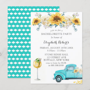 Sunblommor Aqua Vintage Lastbil Bachelorette Party Inbjudningar