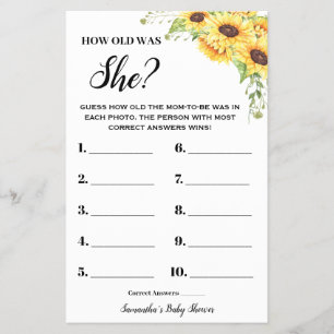 Sunblommor Hur gammal var hon Baby Shower Game Car Flygblad