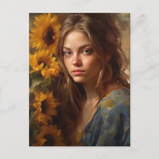 Sunblommor och en Blonde Woman Vykort (Framsida)