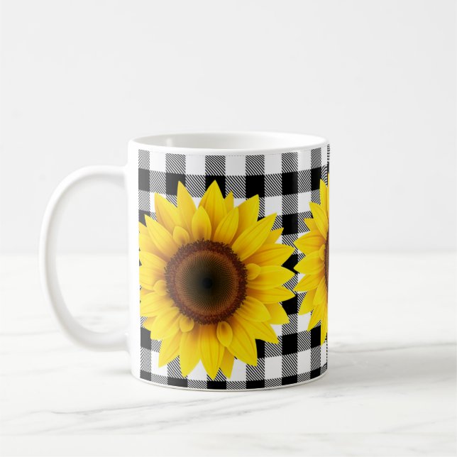 Sunblommor på Black White Gingham Kaffemugg (Vänster)