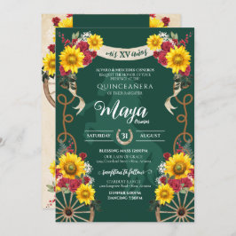 Sunblommor Röd ros Emerald Charro Quinceanera Inbjudningar