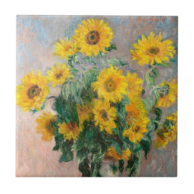 Sunblommornas Bouquet av Monet Impressionist Kakelplatta (Framsidan)