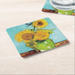 SunblommVincent van Gogh Underlägg Papper Kvadrat<br><div class="desc">Solblommor (1888) Vincent van Gogh. Livet är fortfarande blått. En ljus bukett av solrosblommor står i vas. Reproduktion av berömd av konstverk bilder på det offentliga området.</div>