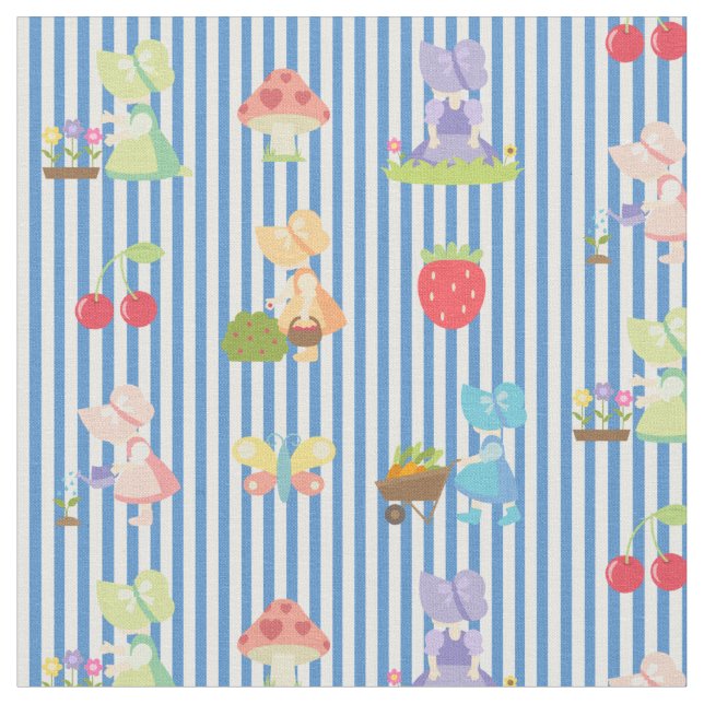 Sunbonnet Sue på pastellblått/vitt strimlat tyg (Närbild)