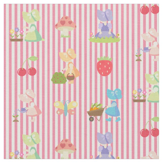 Sunbonnet Sue på pastelliserad Rosa/vit strimling Tyg (Närbild)