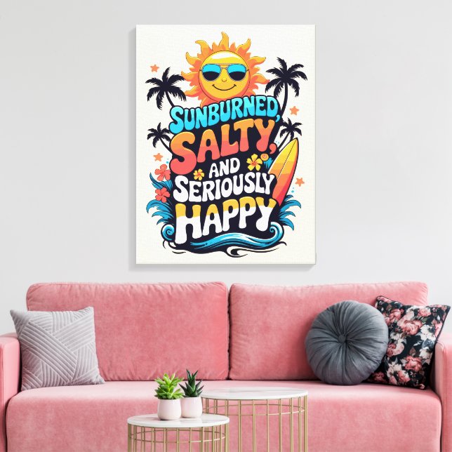 Sunburned Salty and Happy – Retro Beach Vibes Canvastryck (Insitu (Vardagsrum))