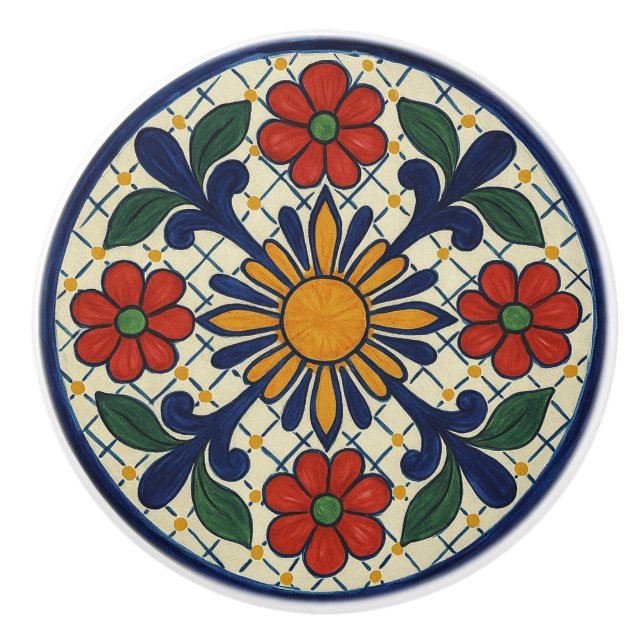 Sunburst Mexican Talavera Blommigt Ceramic Knob Knopp (Framsidan)