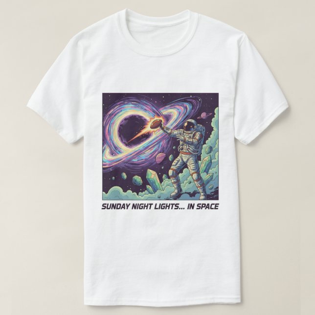 "Sunday Night Lights… I rymden" Kosmisk fotboll T Shirt (Design framsida)