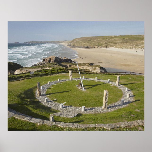 Sundial och Perran Beach, Perranporth, Cornwall Poster (Framsidan)