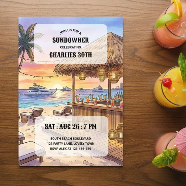 Sundowner Beach Bar Yacht Solnedgång 30-årsfest Inbjudningar (Sunset beach cocktail party invitation)